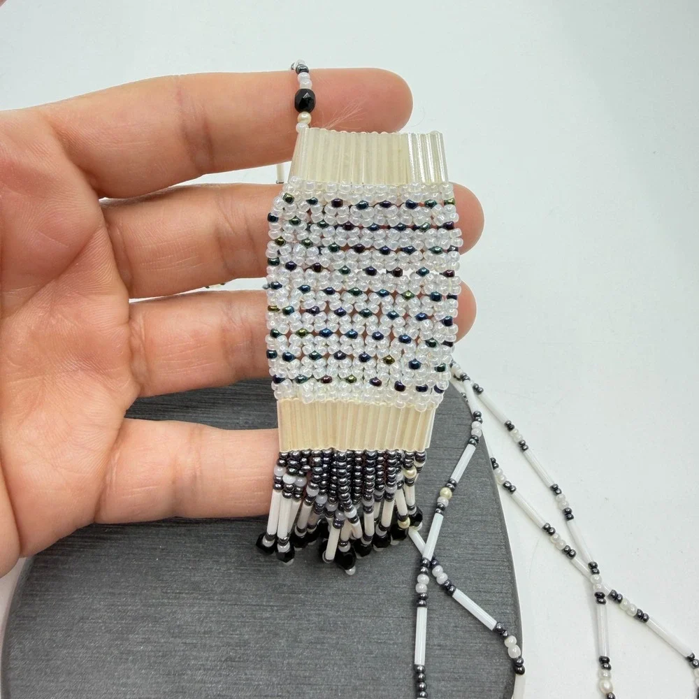 White Black Beaded Woven Fringe Pendant Necklace Boho Festival Statement Gift